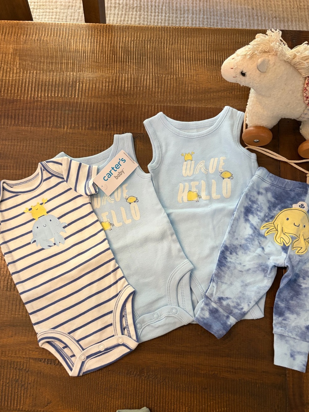 Carters Baby “Wave Hello” Summer Blue Crab Outfits 4 Pieces (0-3 & NEWBORN)